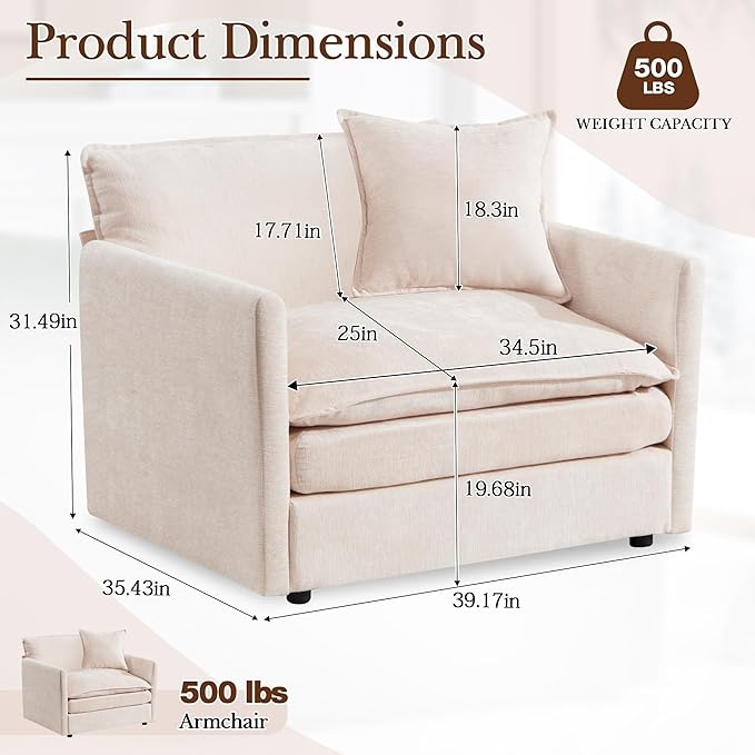 SLEERWAY Single Upholstered Oversized Chair Modern Comfy Living Room Chair Chenille Large Cloud Couch Accent Chair Lounge Chair Indoor and A Half for Bedroom Office Apartment Beige