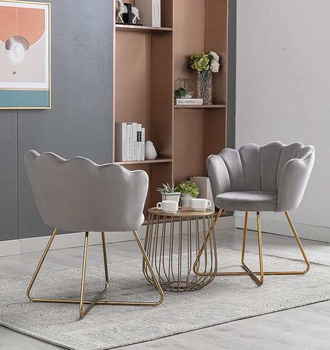 Velvet AccentConversation Lounge Chair with Iron Metal Gold Plated Legs Suitable for Office Lounge Living Room Set of 2 Grey