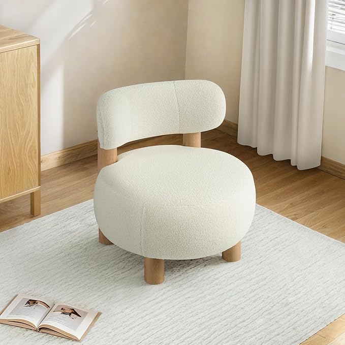 Modern Boucle Accent Chair with Plush Faux Sherpa Upholstery Curved Backrest Solid Wood Legs for Living Room Bedroom Reading Nook 27.5 White