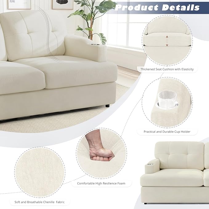 Chenille Modern Sofa Set with Cup Holder Tufted Upholstered Couch and Lovesaet with Thickened Cushions Comfy 3 Seater and 2 Seater Sofa with Deeper Seat for Living Room ApartmentBeige