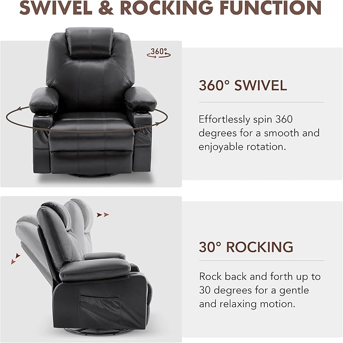 Oversized Swivel Rocker Recliner Chair with Heat and Massage 360 Degree Swivel Rocking Single Sofa with USB Port and Cup Holders Large Big Recliner Chair for Living Room(Leather Black)