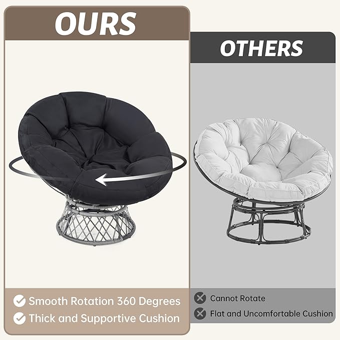 46 Giant Oversized Rattan Papasan Chair with Cushion and Frame for Adults Fluid 360° Swivel Waterproof Grey Frame with Black Cushion