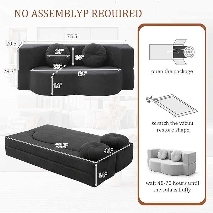 Convertible Folding Sofa Bed 75.5 Boneless Cloud Couch Loveseat Floor &amp Futon Lounge Sleeper Couches Lychee Velvet for Living Room Office Small Spaces No Assembly Required Black