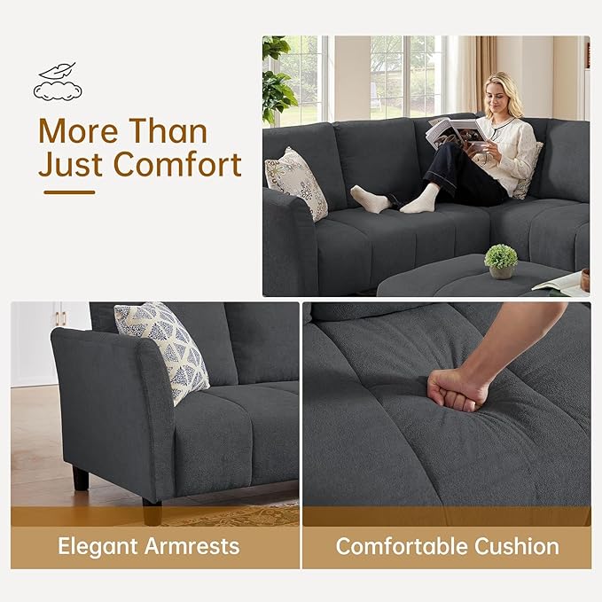 103 Convertible Sectional Sofa with Long Ottoman Modern Upholstered Fabric L-Shaped Couch with Back Cushions 6 Seat Sofa Couches for Living Room Apartment Office Dark Grey
