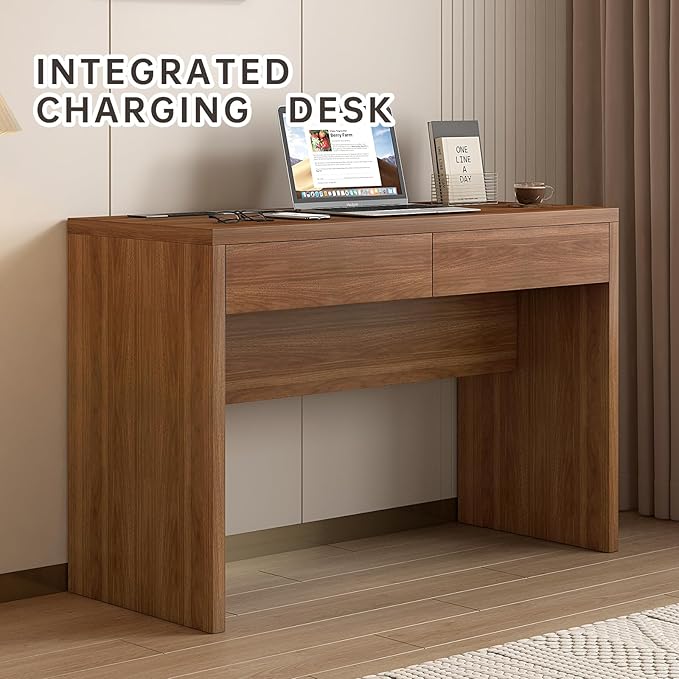 47-Inch Computer Desk with Pull-Out Outlet Home Office Desks with 2 Sturdy Drawers Writing/Gaming/Work/Study Desk for Bedroom Living Room Brown