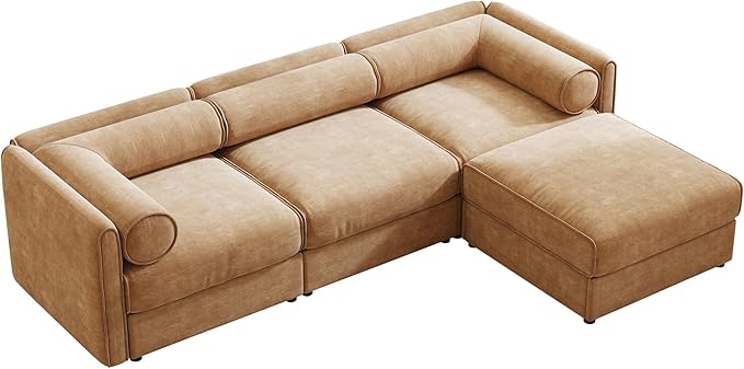 109 inch Cloud Modular 3 Seater Sofa with Storage Ottoman Modern Upholstered Storage Sofa Couch Deep Seat L Shape Sectional Sofa Chenille Comfy Couch for Living Room Apartment Camel
