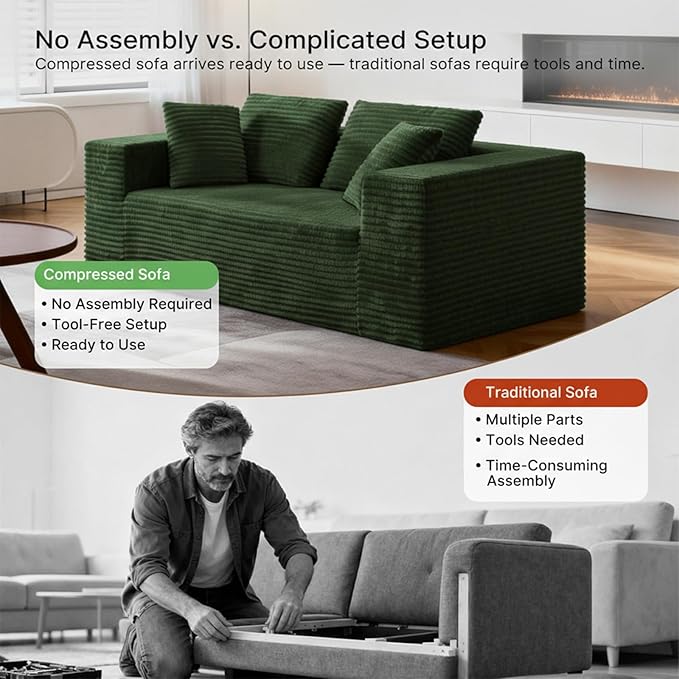 2-Seater Deep-Seat Corduroy Lounge Sleeper Sofa No Assembly Frameless Foam Cloud Couch Comfy Plush Double Seater for Living Room Bedroom Apartment Dorm Office（Green）