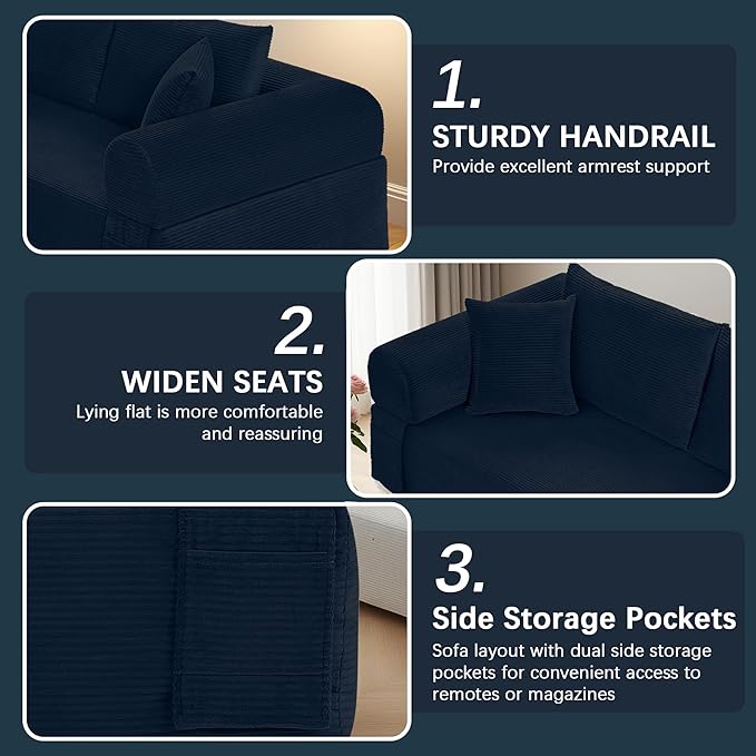 83 Modern Sofa in a Box No Assembly Oversized 3 Seater 28 Deep Seat Cloud Sofa Bed Couch with 4 Furry Pillows &amp Corduroy Fabric Boneless Couch with Side Storage Pockets for Living Room Navy B