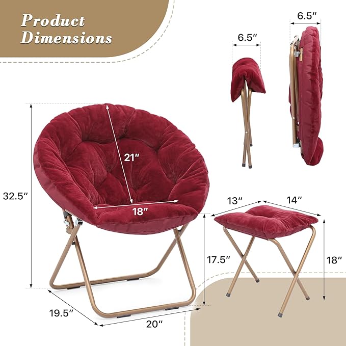 Athena Collection Round Saucer Chair with Ottoman Set of 2 for Adults Oversize Comfy Cozy Faux Fur Folding Reading Chair with Metal Leg Lazy Relaxing for Living Room Bedroom Dorm Apartment Red