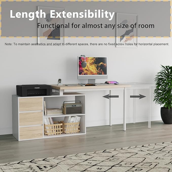 L Shape Computer Desk with 3 Drawers and 2 Shelves Home Office Desk Corner Small Desk with Storage Cabinet for Writing Study Executive – Walnut and White