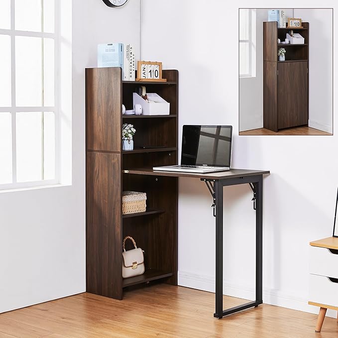 Foldable Desk with StorageHidden Desk with Built-in SocketFold Out Writing Table for Small SpacesHome Office and Bedroom (Dark Walnut)