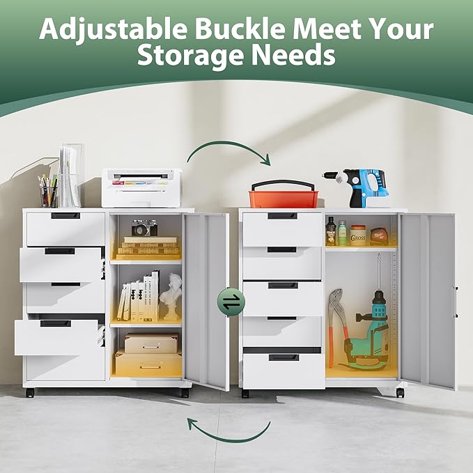 MIIIKO 5 Drawer Storage Cabinet with Door and Shelf Mobile Lateral Cabinet on Wheels Office Small Organizer Printer Stand White File Cabinets