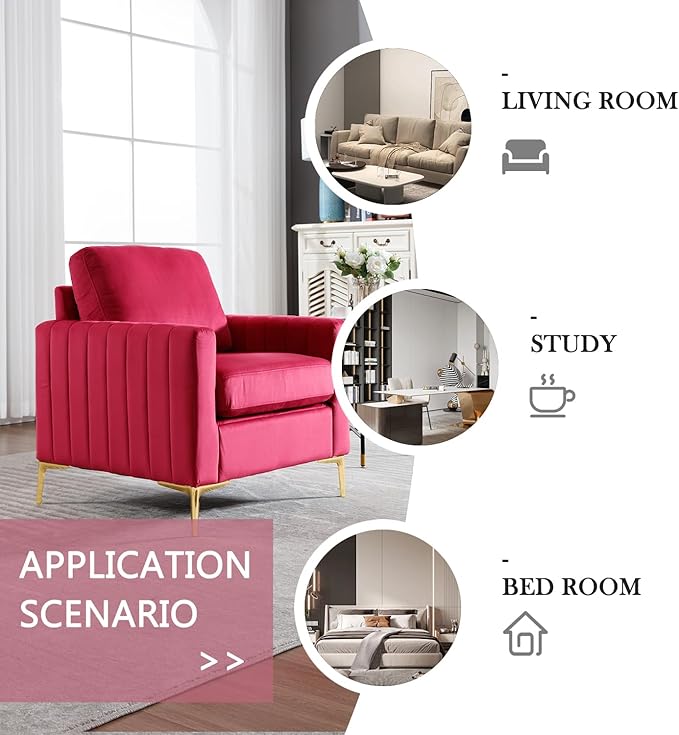 Rose Red Accent Chair Small for Bedroom Living Room Comfy Accent Chair Amchair Modern Single VelvetSofa Chair with Metal Legs