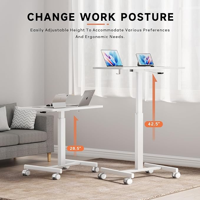 Mobile Standing Desk Small Standing Rolling Desk Portable Laptop Desk with Lockable Wheels Computer Workstations Adjustable Height White