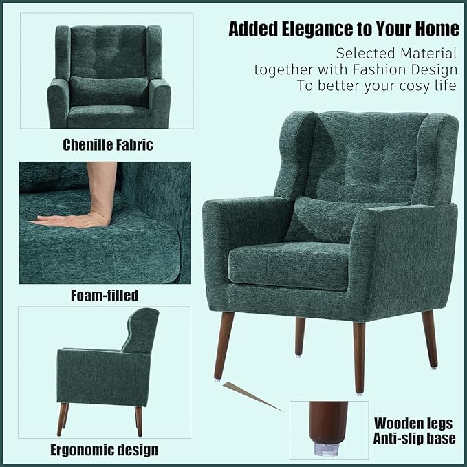 Modern Accent Chair Chenille Armchair for Living Room Upholstered Lounge Chair with Pillow Solid Wood Legs (Blackish Green)