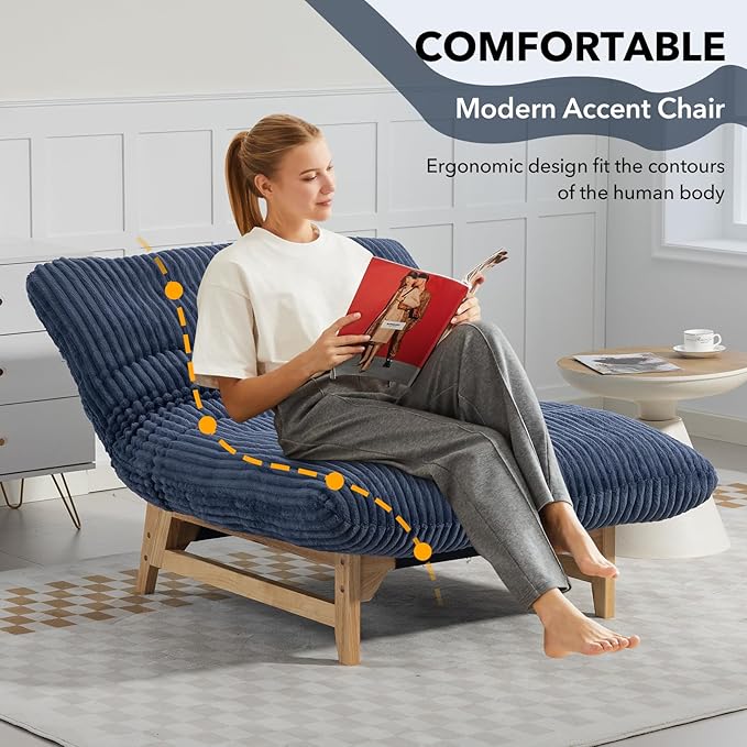 Modern Accent Chair Comfy Corduroy Upholstered Living Room Chair with Cushion Comfortable Accent Sofa Chair with Wooden Frame Armless Lazy Sofa for Living Room Bedroom (Blue) | Cushion