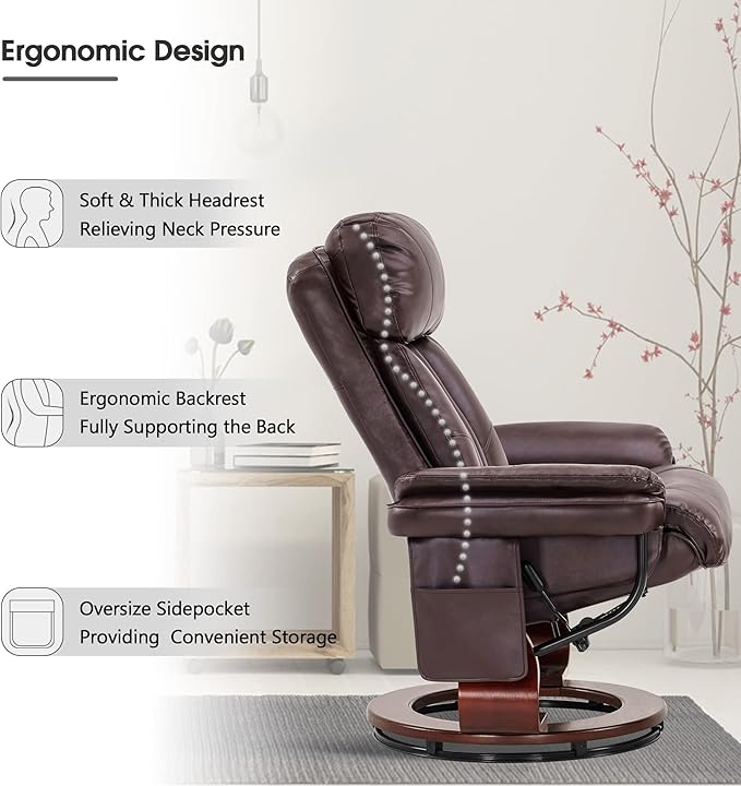 MCombo Swivel Recliner with Ottoman Faux Leather TV Chair with Vibration Massage Ideal for RV Small Space Living Room &amp Bedroom 4999 (Faux Leather Dark Brown)