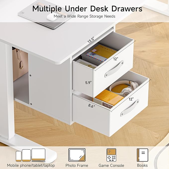 ONBRILL Standing Desk with Drawers 55x24 Inch Electric Stand Up Desk with 3 Drawers and Open Storage Shelf Adjustable Height 28-46 Inches for Home and Computer Workstation White