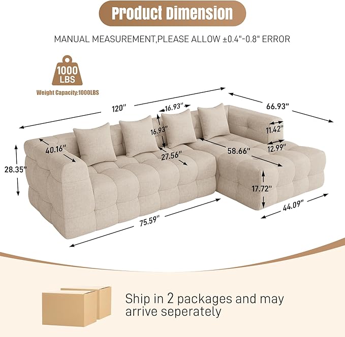 120 Boneless-Couch L-Shaped Sofa for Living Room Cloud Couch with Chaise Lounge Sectional Upholstered Chenille Deep Seat Couches with 4 Pillows No Assembly Required Light Brown