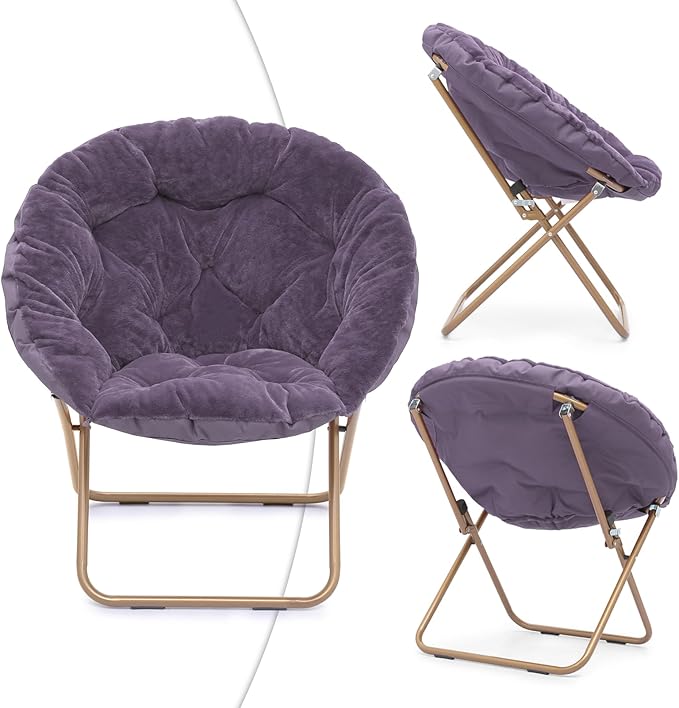 Magshion Folding Saucer Chair for Adults with Ottoman Circle Reading Chair for Bedroom Living Room &amp Dorm Furry Comfy Accent Seat with Metal Leg &amp Thick Padded for Small Spaces (Purple 2 P