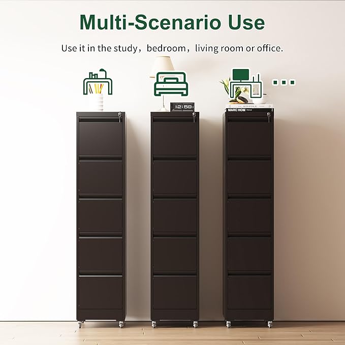 5 Drawer Small File Cabinet with Lock on WheelsUnder Desk Locking Storage Cabinet Organizer for A4 Letter Legal Size Filing Cabinets Home OfficeBlack