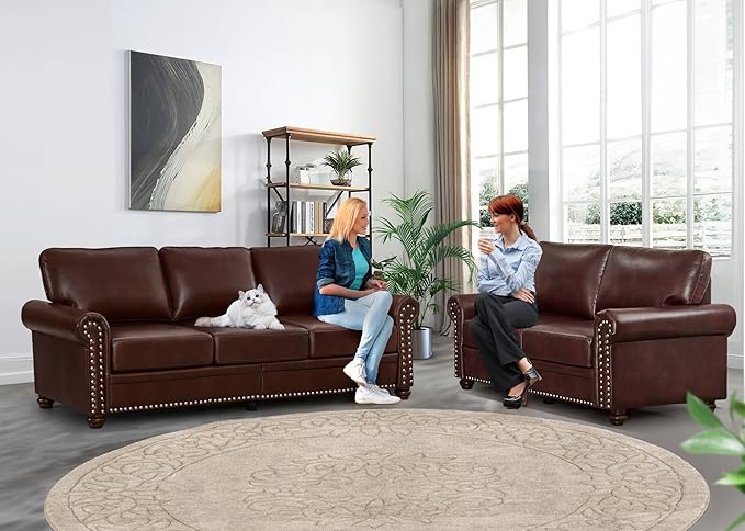 2 Piece Faux Leather Sofa SetModern Couch and Loveseat Sets with StorageMid Century Couch with Rivet Rolled ArmComfy Deep Seat SofaFurniture for Living RoomOffice(Loveseat+3 SeaterBurgundy)