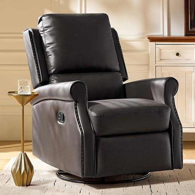 HULALA HOME Faux Leather Swivel Rocker Recliner with Adjustable Backrest and Footrest Push Back Recliner Chair with Nailhead Trim 360° Swivel Glider Rocking Chair for Living Room Bedroom Brown