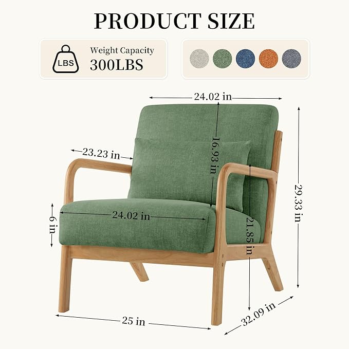 Accent Chair with Pillow Upholstered Mid Century Chair Living Room Chair Comfy Reading Chair with Thick Cushion Solid Wood Frame Armchair for Small Space Bedroom Balcony Green Set of 2