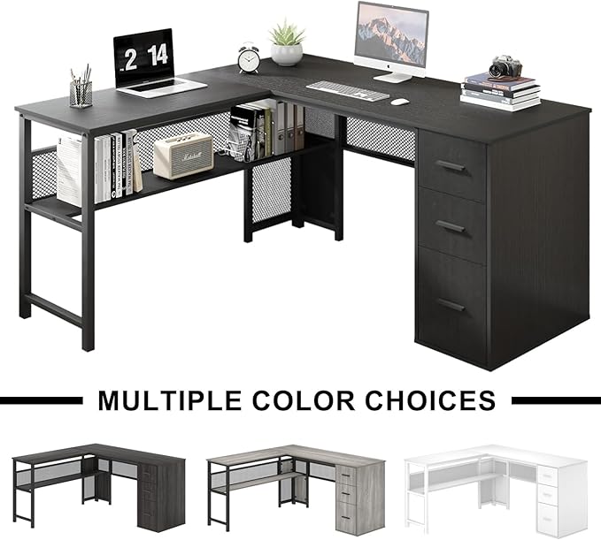 LVB Black L Shaped Desk Reversible Computer Office Desk with Drawers Modern Large L Shape Gaming Desk Table with File Cabinets Wood Executive Corner Desk with Storage Shelf for Bedroom 59 Inch