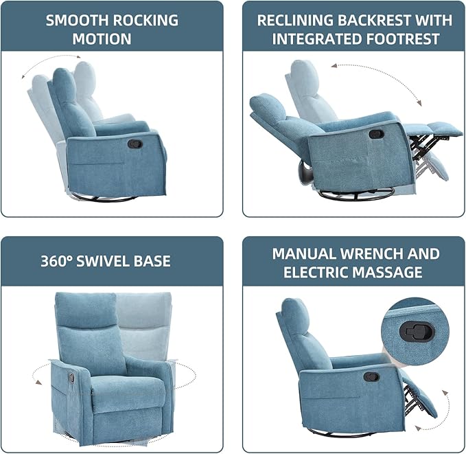 PELUMY 360 Swivel Rocking Recliner Chair for Adults Nursery Rocking Chair with Heat and Massage Glider Reclining Chair for Small Space Living Room Bedroom (Blue)