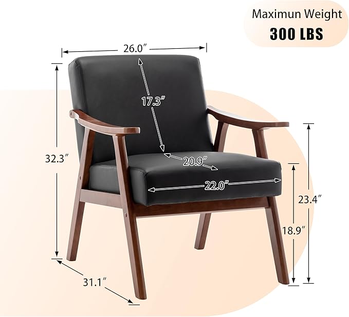 Ball &amp Cast Mid-Century Modern Living Room Chair with Solid Wood FrameLounge Accent Chair Extra-Thick BackrestWingback Armchair for BedroomReading RoomBlack