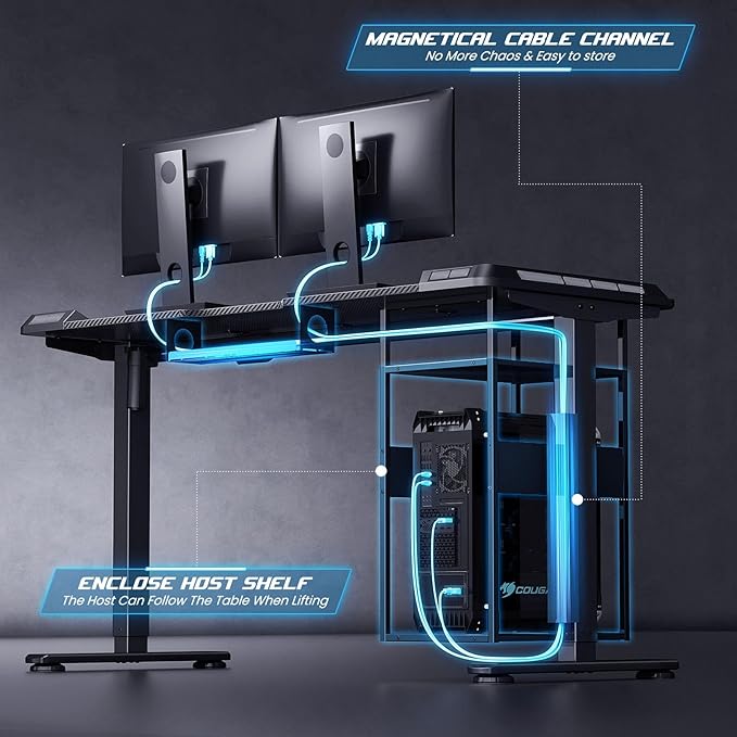Gaming Standing Desk with LED Lights &amp Host Shelf 55 x 24 Gaming Table with Music Sensing APP Control Underdesk Cable Storage Electric Standing Desk Black Carbon Fiber PC Table for Home Offic