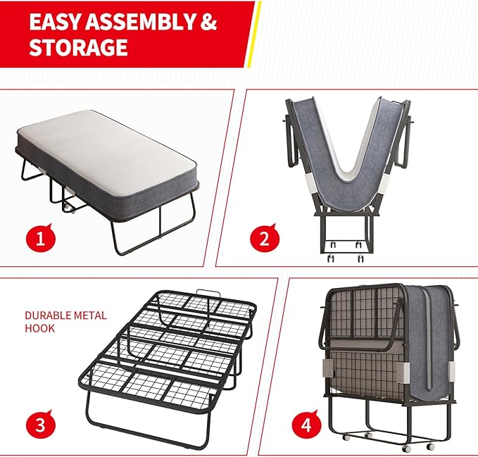 PUREMIND 75 x 38 Folding Bed with 4 Inches Mattress Portable Rollaway Guest Beds for Adults with Metal Frame &amp Swivel Wheels Twin Size Foldable Bed Fold Away Beds Space Saving