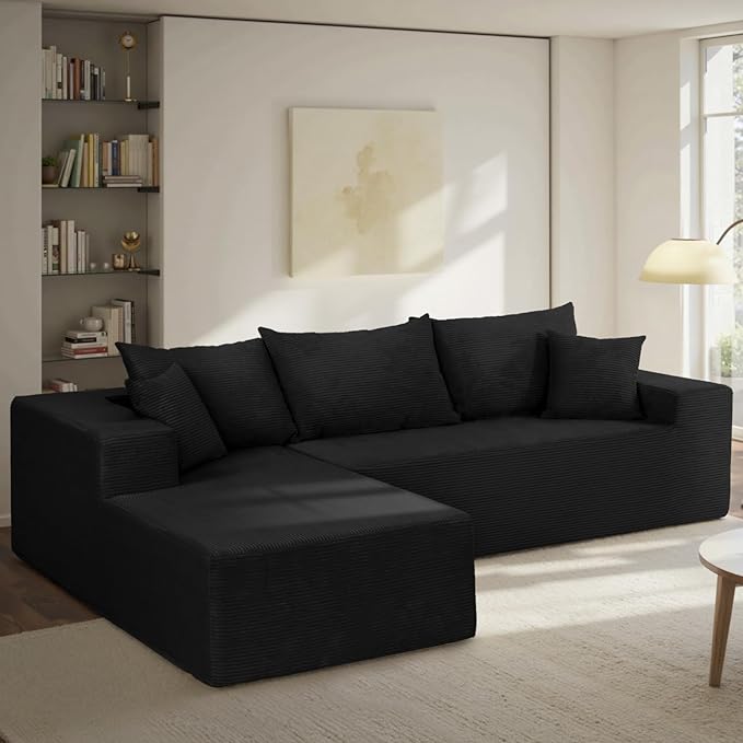 103 L Shaped Sectional Boneless Couch for Living Room Modern Modular Cloud Sofa with Left Facing Chaise Comfy Deep Seat Memory Foam Couch in Box No Assembly (1CM Wide Striped Corduroy Black)