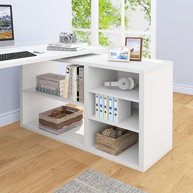 HSH White L Shaped Desk with Shelf Reversible Modern Home Office Desk Workstation L Shape Computer Desk with Storage Cabinet Drawer Industrial Wood Corner Table for Work Study Writing Gaming 55 In