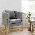 Velvet Modern Accent Chair Upholstered Barrel Armchair Mid Century with Pillow for Living Room Comfy Single Vanity Chair with Metal Gold Legs for Bedroom Grey