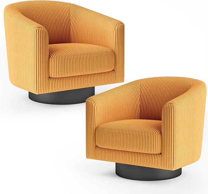 360° Swivel Accent Chairs Set of 2 Modern Bucket Chair Corduroy Barrel Armchair Comfy Boucle Chair Single Sofa for Living Room Bedroom. Orange