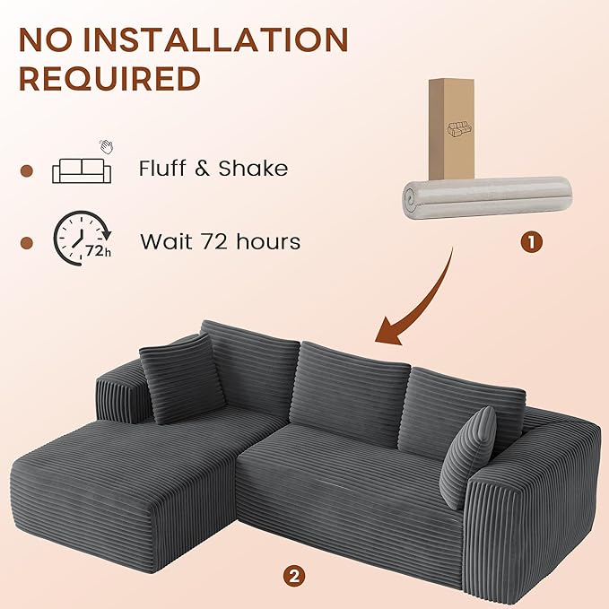 No-Assembly Cloud Sectional Sofa with L-Shaped Chaise Modern Modular Design for Living Room Features Deep Seat and Plush Corduroy Fabric Effortless Setup for Instant ComfortGrey