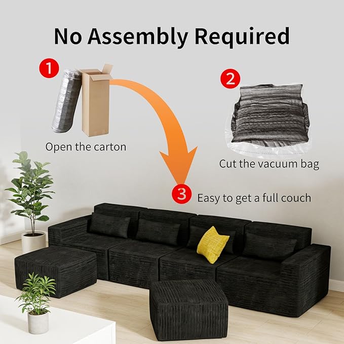 Cloud Modular Sectional CouchSectional Sofa with Deep Seat Sofa Couch with ChaiseBoneless Couches for Living Room BedroomNo Assembly Required (Black 3 Seater)