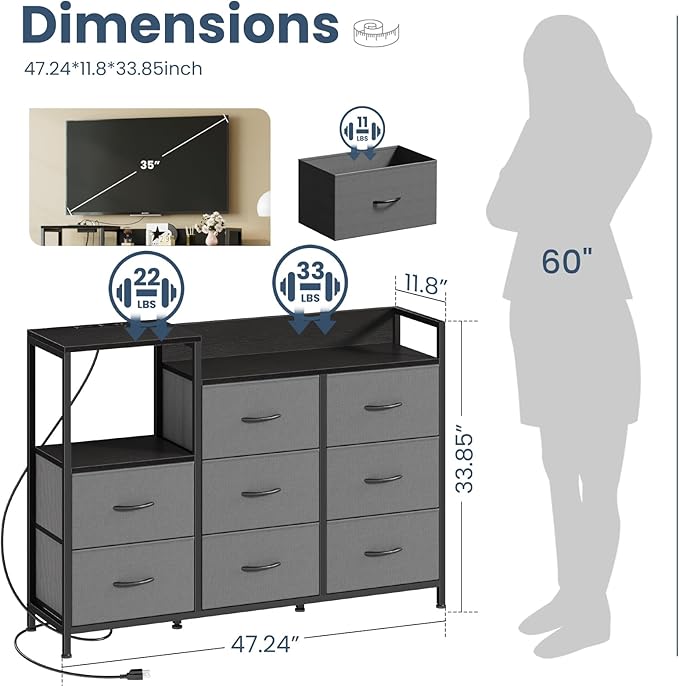 DUMOS TV Stand Dresser with 8 Fabric Drawers &amp Open Shelves TV Stand for Up to 45 inch TV with Wooden Top Entertainment Center with Charging Station for Living Room Hallway Grey