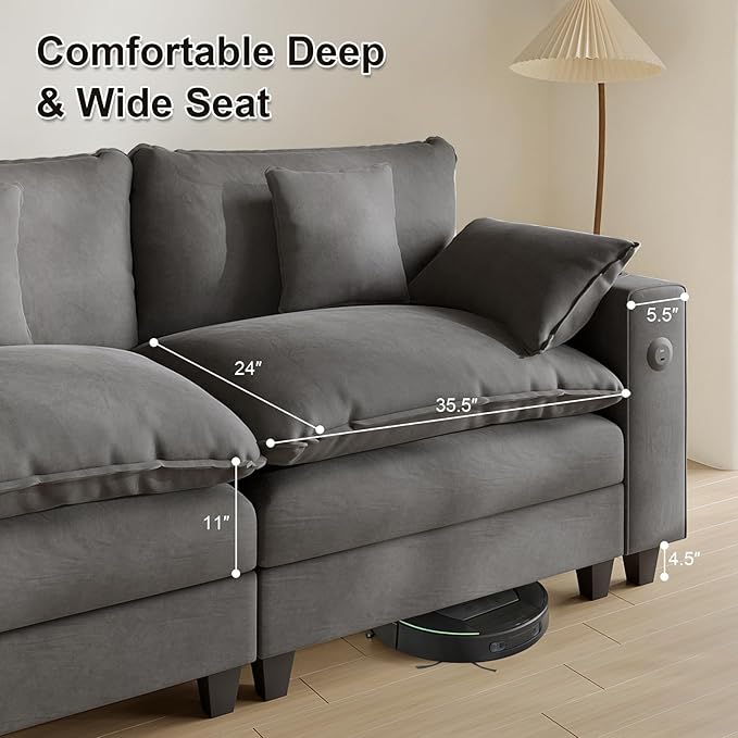 152 L Shaped Sectional Couch Chenille Sectional Couches for Living Room Modular Cloud Couch with Movable Ottoman Modern Cloud Sofa with Charging Station Cup Holder Side Pocket Grey