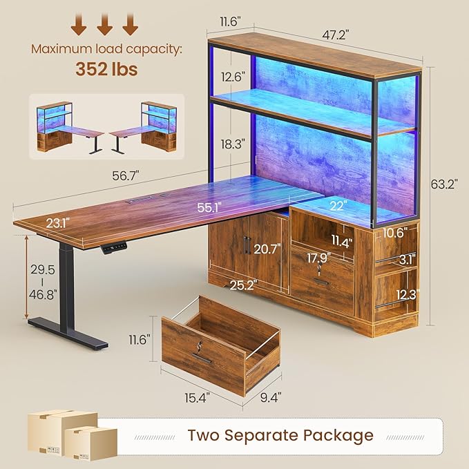 SEDETA 56.7 L Shaped Standing Desk Reversible Computer Office Desk with Drawers &amp Hutch Stand Up Corner Gaming Desks with LED Lights &amp Power Outlets for Home Office Rustic Brown