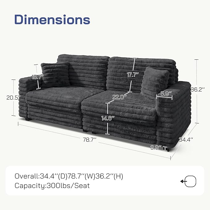 Plush Corduroy Loveseat Sofa Fluffy Love Seat Sectional Couch Oversized Deep Seat Sofa with 2 Pillows Apartment and Small Space Sofas Dark Grey