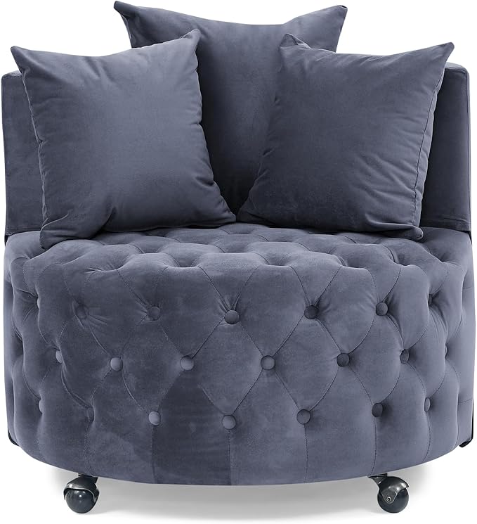 Velvet Swivel Barrel ChairModern Upholstered Accent Chair with WheelsLarge Single Sofa Chair for Living Room Club Bedroom Home Office (Grey+Velvet)