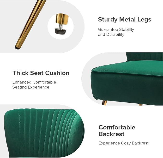 HULALA HOME Velvet Accent Chair Modern Upholstered Cute Side Chair with Gold Metal Legs Armless Wingback Slipper Chair Comfy Living Room Chair for Bedroom Guest Room VanityGreen