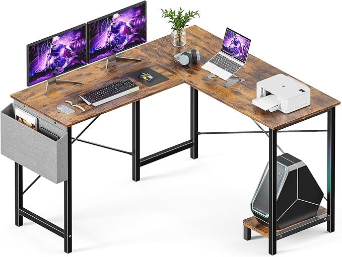 Sweetcrispy L Shaped Desk Computer Gaming Corner Table 51 Inch Home Office Writing Student Work PC Workstation with Side Storage Bag CPU Stand for Bedroom Small Spaces