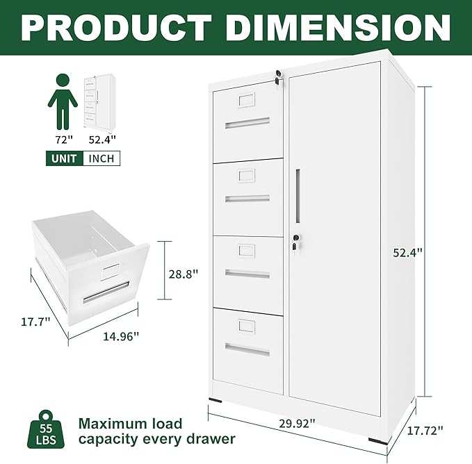 4 Drawer Small File Cabinet with LockUnder Desk Locking Storage Drawers OrganizerMetal Vertical Filing Cabinets for Home OfficeWhite
