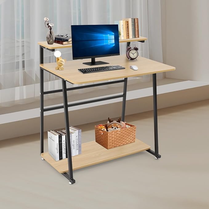 Small Office Mobile Computer Desk 3-Tier Laptop Table with Storage Shelves Tiny Computer Desk with Wheels for Home Office Bedroom Living Room Studio (Log Color+Black)