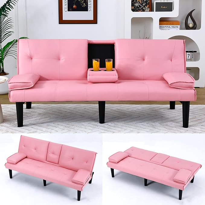 Pink Futon Couch &amp Convertible Futon Sofa Bed for Small Space 67 Loveseat Couches with Removable Armrests &amp 2 Cup Holders for Living Room Bedroom Dorm Apartment Easy Assemble (Pink)