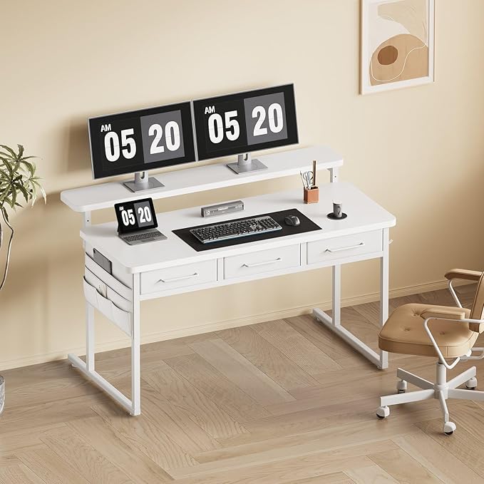 Computer Desk with Drawers 47.2X15.8-22.9 Inches Office Computer Desk with Side Pocket &amp Ergonomic Monitor Stand Writing Table for Small Spaces Bedroom White